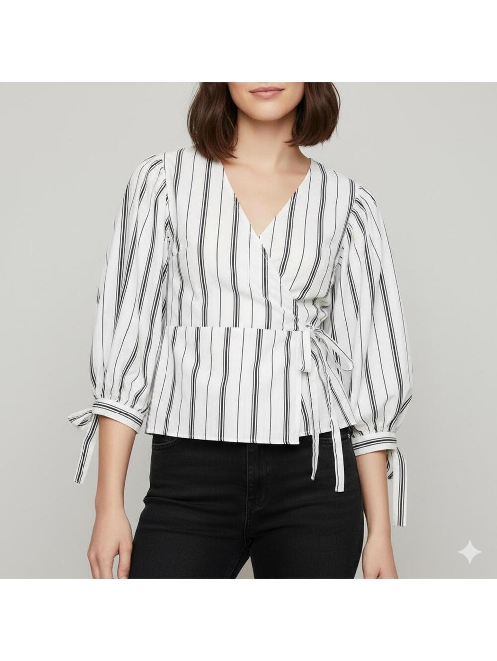 Topshop - Striped Puff Sleeve Wrap Blouse with Tie Cuffs - US 6
